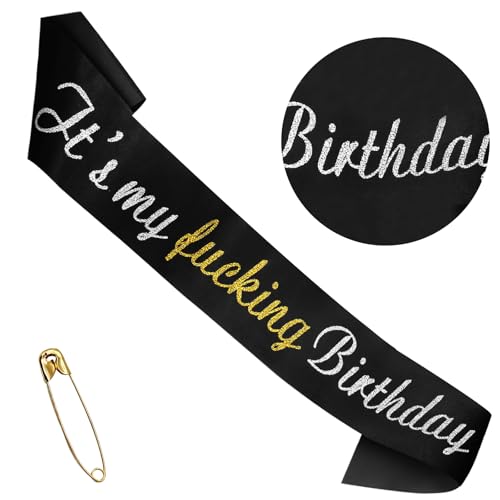 It's My F-King Birthday Sash - Glitter Black Satin for All Ages