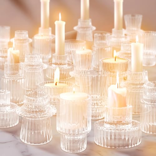 30 Pack Clear Glass Candle Holders - Reversible Taper & Tea Light Set