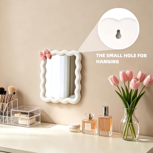 Wave Desktop Makeup Mirror with Adhesive Bow - White, 6.7x5.3 Inch