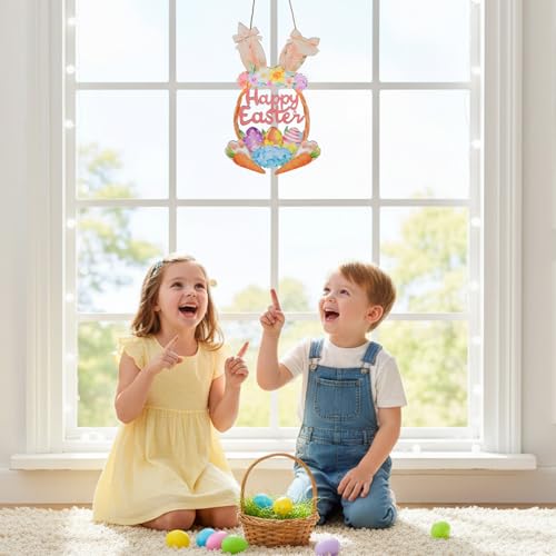 Colorful Wooden Easter Wreath with Rabbit & Floral Accents