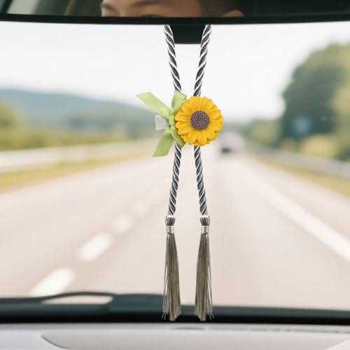 Craedli Sunflower Car Rear View Mirror Hanging Charm - Cute Floral Interior Decor
