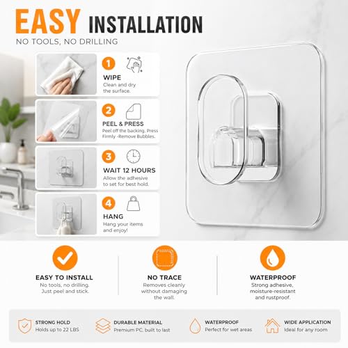 10 Pack Heavy Duty Adhesive Wall Hooks No Drill Waterproof Transparent Towel Hangers