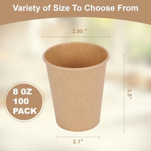 Walasaso 100 Pack 8 Oz Disposable Paper Coffee Cups - Leak Resistant & Durable