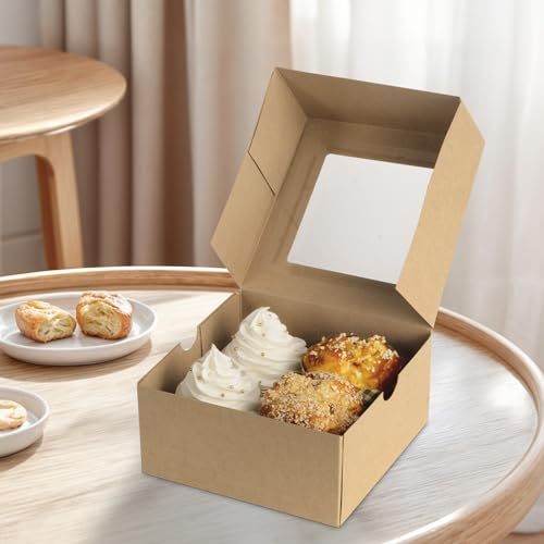 Jotique Kraft Cupcake Boxes with Window, 6-Pack, 6x6x3 Inch