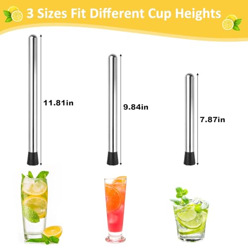 Okxiri Stainless Steel Cocktail Muddler Set - 3 Sizes for Drinks & Mojitos