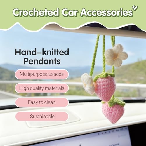 Handmade Crochet Strawberry Car Hanging Ornament - Cute Rearview Mirror Decor