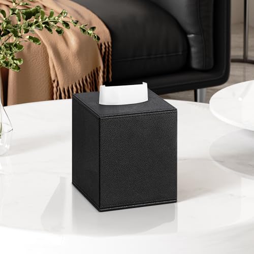 Black PU Leather Square Tissue Box Cover - Figella