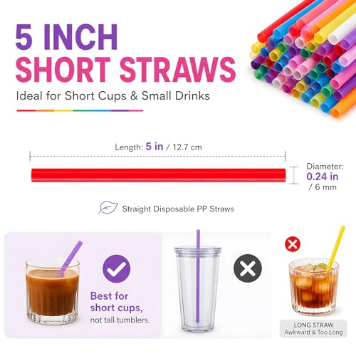 ALINK 5 Inch Colorful Cocktail Straws, 100 Count BPA-Free Short Straws