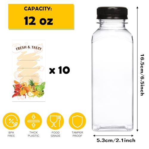 10 Pack 12oz Plastic Juice Bottles with Caps & Labels - Reusable Food-Grade PET