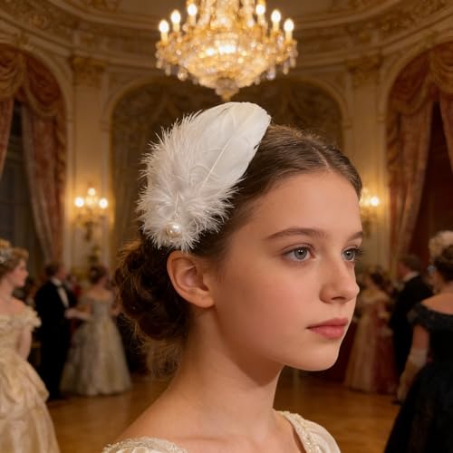 White Feather Hair Clips 2-Piece Ballet Style Pearl Hair Pins