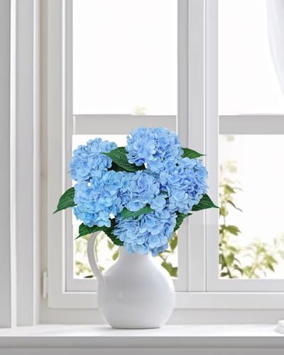Blue Hydrangea Artificial Flowers Bouquets - 6pcs Silk Faux Floral Stems for Home & Wedding Decor