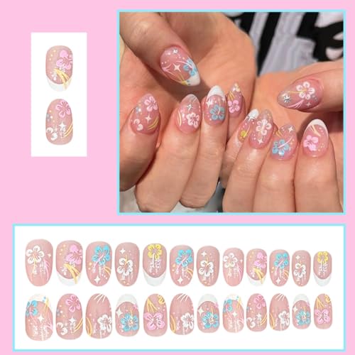 Short Almond Press on Nails Glossy White French Floral False Nails