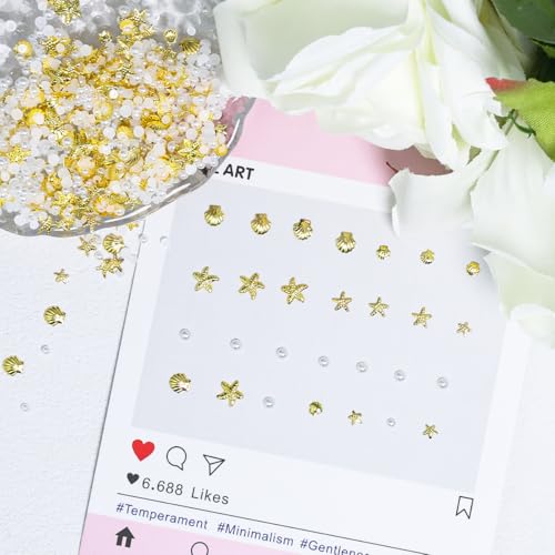 Sutaozhi 200Pcs Summer Starfish Nail Charms Gold Beach Pearl Rhinestones