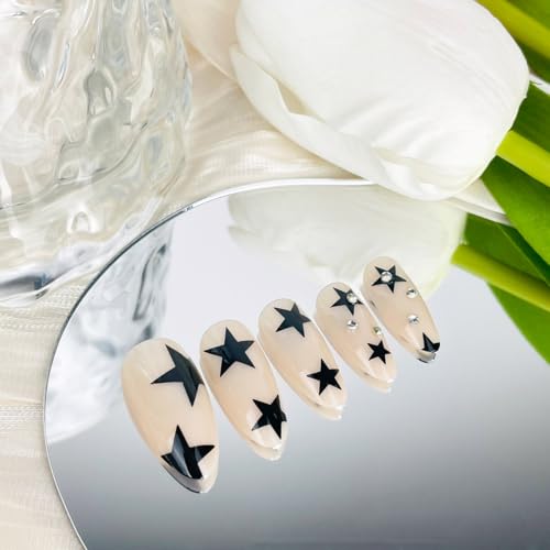 Pink French Tip Almond Press On Nails with 3D Star Charms - 24PCS