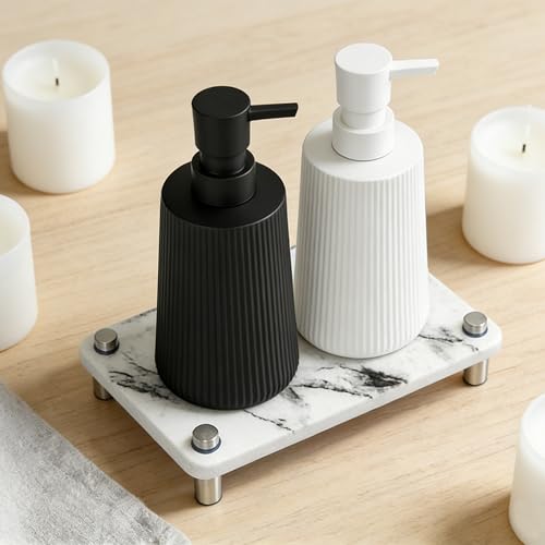 Modern Farmhouse Glass Soap Dispenser Set with Diatomite Tray (White/Black)