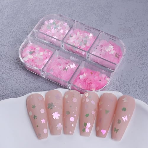 Cherry Blossom Nail Art Glitter Sequins 6 Grids Mixed Butterfly and Heart