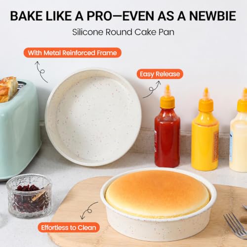 CAKETIME 8-Inch Silicone Round Cake Pan Set of 2, Non-Stick, BPA-Free, Cream