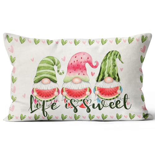 Life is Sweet Gnomes Throw Pillow Cover 12x20 Farmhouse Summer Decor