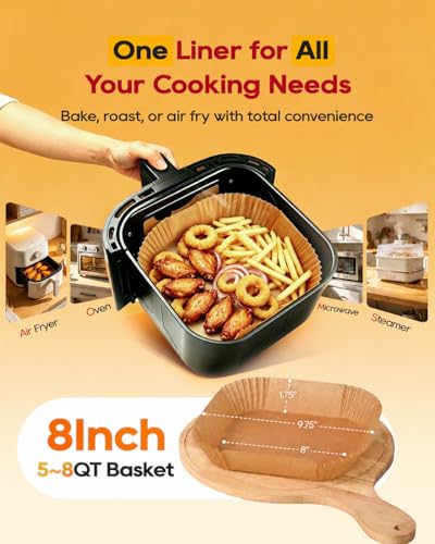 Wellsworth 8-Inch Square Air Fryer Parchment Paper Liners, 125 Pack