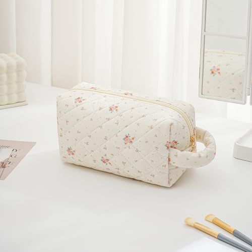JOVAKIT Floral Travel Makeup Bag with Handle - Beige Toiletry Organizer