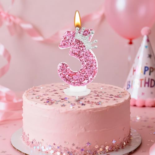 AndiluluBear Pink Number 3 Birthday Candle with Glitter Crown - Princess Cake Topper