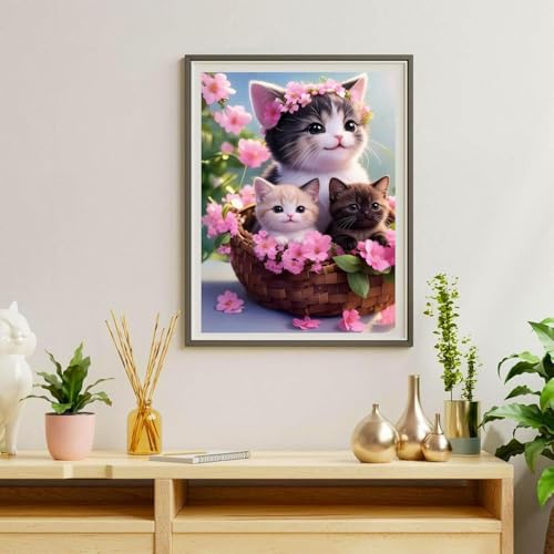 NebuIuxe Kittens in Flower Basket 5D Diamond Painting Kit 12x16 Inch
