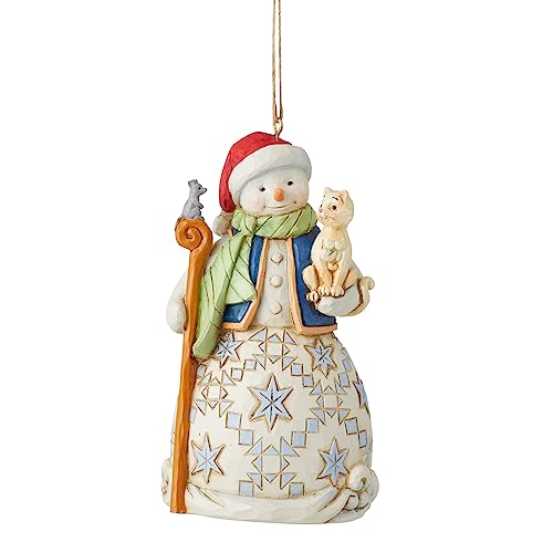Enesco Jim Shore Heartwood Creek Snowman with Cat Hanging Ornament, 4.53 Inch, Multicolor