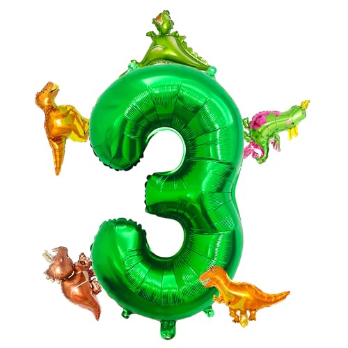 LilyZheng 3rd Birthday Dinosaur Decorations Green Number 3 Balloon with Mini Dino Balloons