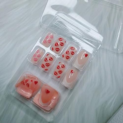 Valentine Press on Nails Medium Square French Tip Glossy Fake Nails