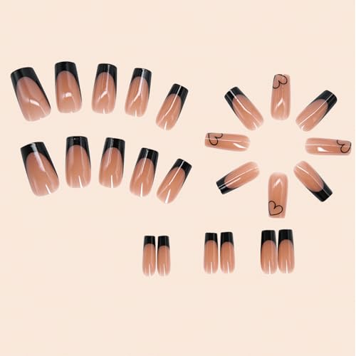 Black French Tip Press on Nails with Heart Design Medium Square Fake Nails