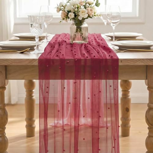 3-Pack Pearl Burgundy Gauze Table Runners 28x120 Inches Home Decor