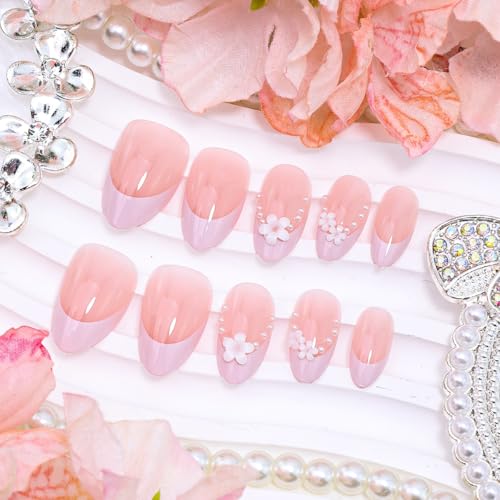 Short Almond Press on Nails 3D Floral French Tip with Pearl Design