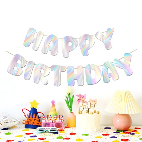 Elantales Holographic Rainbow Happy Birthday Banner Pre-Strung Sign
