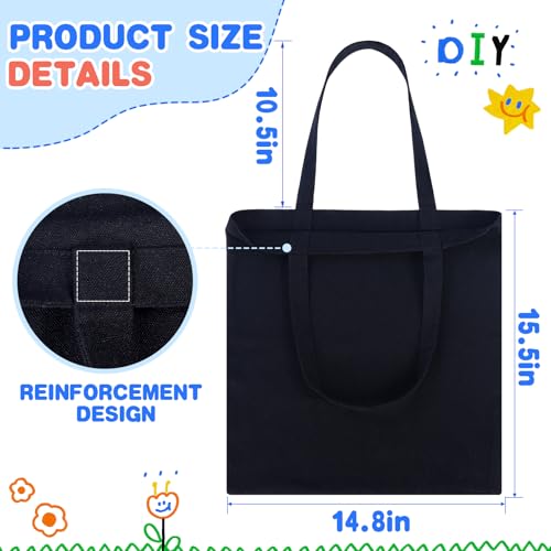 Black Canvas Tote Bags - 2 Pcs, 15x16 Inch Eco-Friendly Reusable