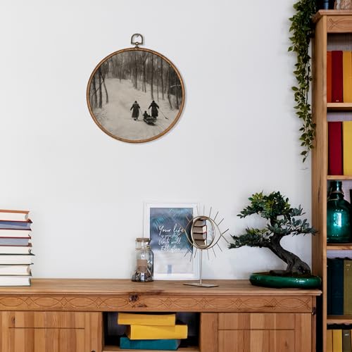 KSDUT Vintage Winter Snowy Sleigh Framed Round Wall Art 10"x10"