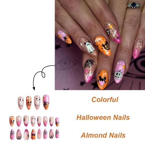 Mdscve Halloween Press On Nails Almond Fake Nails Pink Tip 24 Pcs