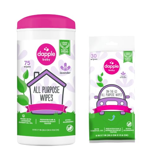 Dapple Baby All Purpose Wipes - Plant Powered Lavender, 75 Count Canister + 30 Count