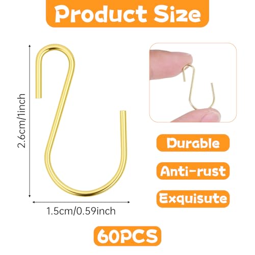 LIQWEI 60 Pcs 1-Inch S Hooks for Hanging, Gold Metal Utility Hooks