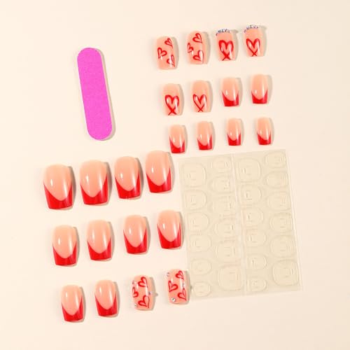 Press On Nails Medium Square Glossy Acrylic False Nails with Heart Designs