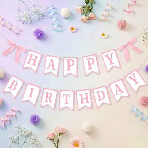 Pink Happy Birthday Banner with Bows | Party Decoration Set