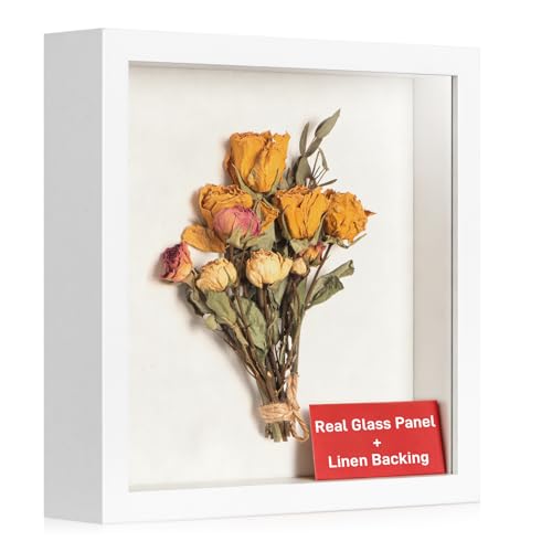 8x8 White Shadow Box Frame with Real Glass and Linen Backing