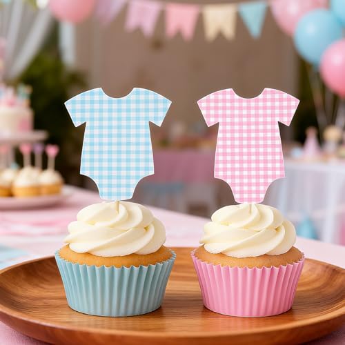 36 Blue & Pink Gingham Cupcake Toppers for Gender Reveal