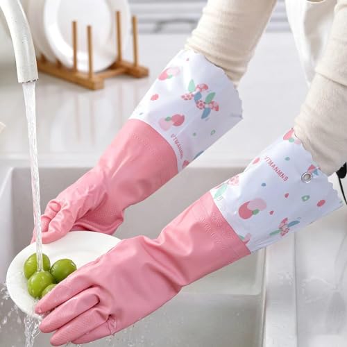 KINGFINGER PVC Flocked Dishwashing Gloves 2 Pairs Long Kitchen Gloves with Fleece Lining