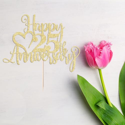 25th Anniversary Cake Topper - Glitter Golden Party Decor