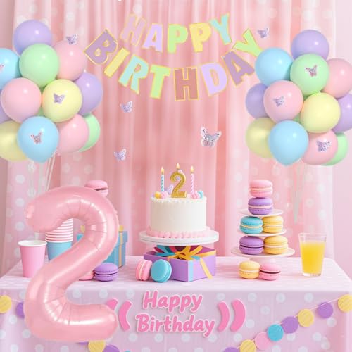 Yumiche 2nd Birthday Decorations for Girl - Pastel 2nd Birthday Party Set with Balloons & Banner (2-pastel / 2nd)