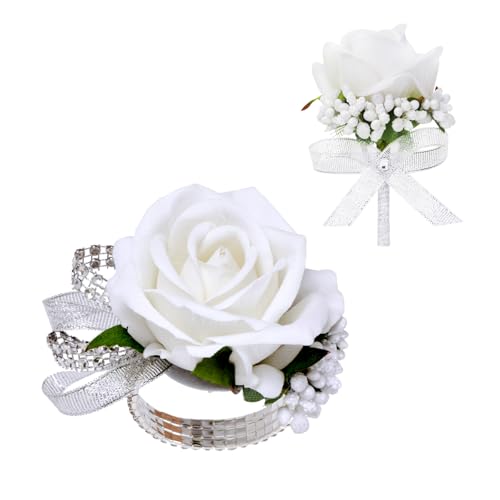 Artificial White Rose Corsage and Boutonniere Set for Wedding Prom