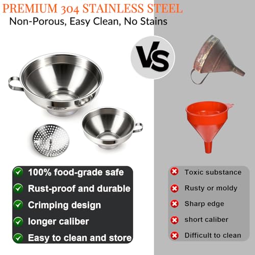 YUNFOOK 3-Piece Canning Funnel Set with Mesh Strainer - Stainless Steel for Wide & Regular Mouth Jars