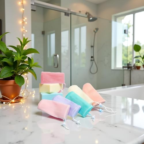 Exfoliating Mesh Soap Pouch & Bubble Net 6-Pack with Drawstring