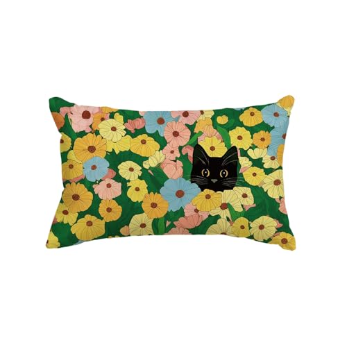 Spring Floral Black Cat Throw Pillow Cover - 12x20 Inch Polyester Cushion
