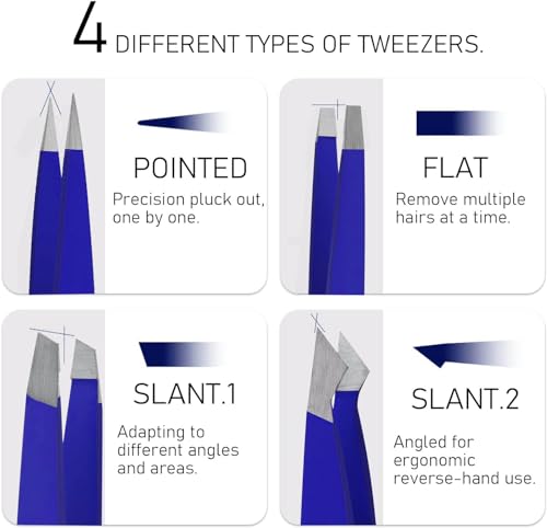 PromaxCare Professional Stainless Steel Tweezers Set - 4-Piece Navy Blue